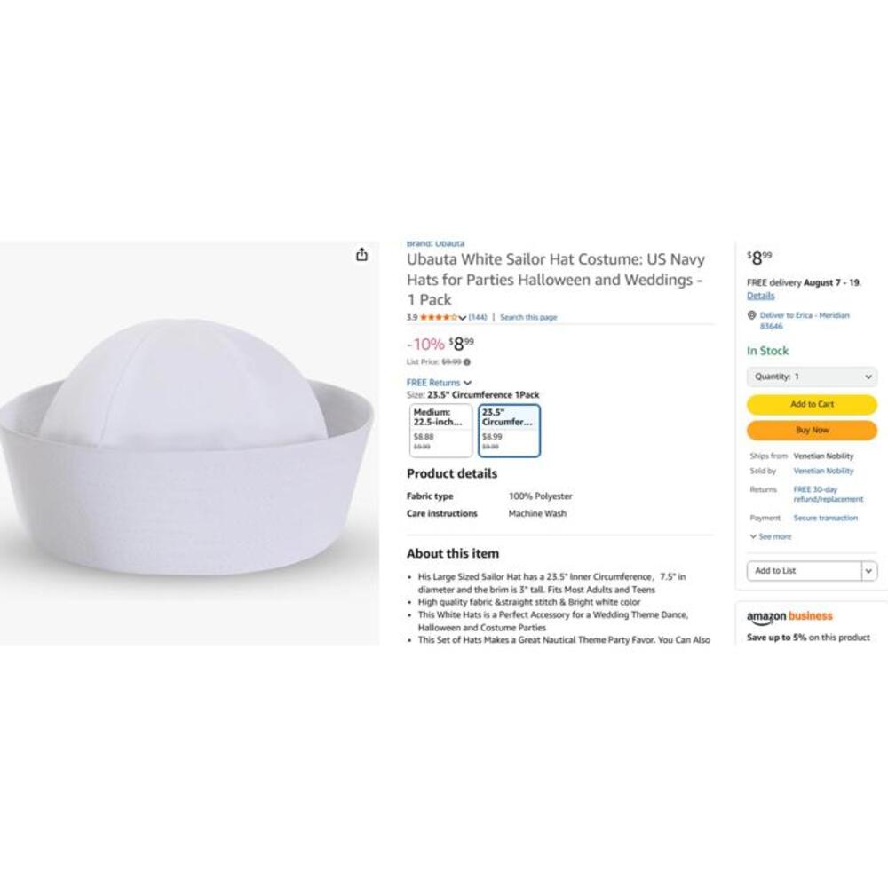 Ubauba White Sailor Hat - US Navy Costume Accessory